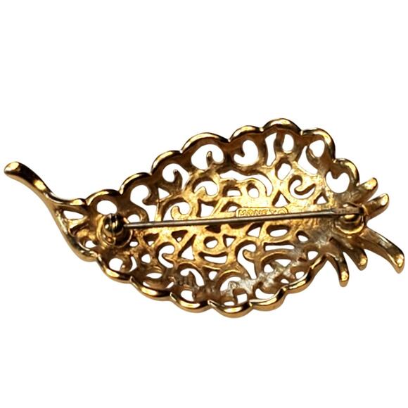 Monet Leaf Brooch Open Work Filigree Gold Tone Vtg Signed 2.25" - Picture 2 of 4
